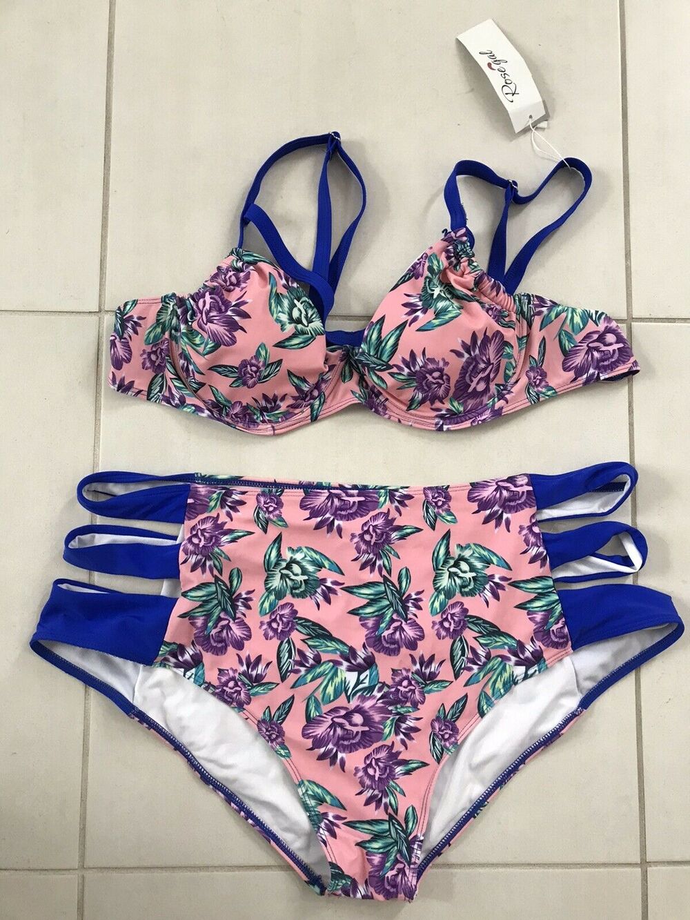 Rose Gal Swim Multicolor Floral Cage Cut Out Bikini Swimwear
